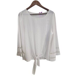 Womens White Tie-Front Blouse With Sheer Sleeve Accents & Scoop Neck
